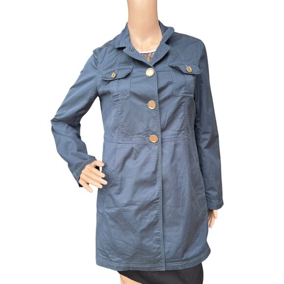 St. John Fall 2012 Blue Cotton Blend Coat Size 4 Gold-Tone Button Trench Jacket - Picture 3 of 12
